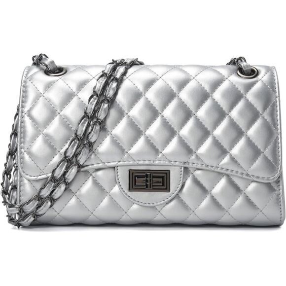 Quilted Vegan Leather Crossbody Bags Silver - Picture 1 of 6